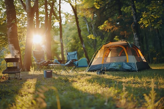 Camping outdoors with lots of sunlight. tent, chairs, a tent BBQ rack, and more.