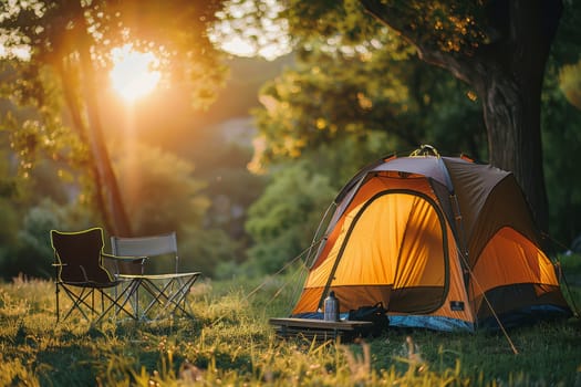 Camping outdoors with lots of sunlight. tent, chairs, a tent BBQ rack, and more.