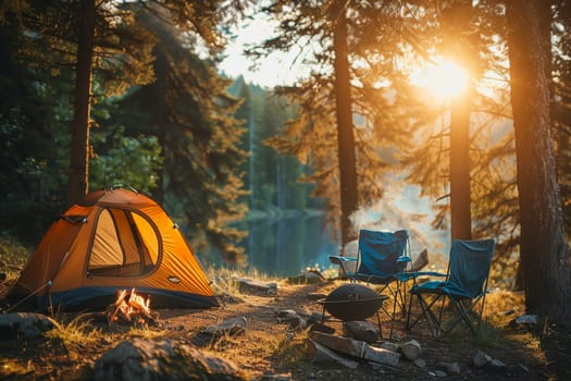 Camping outdoors with lots of sunlight. tent, chairs, a tent BBQ rack, and more.