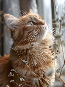 A fawncolored carnivorous Felidae, with whiskers and a snout, a small to mediumsized cat, is gazing up at the sky in a wood, a terrestrial animal