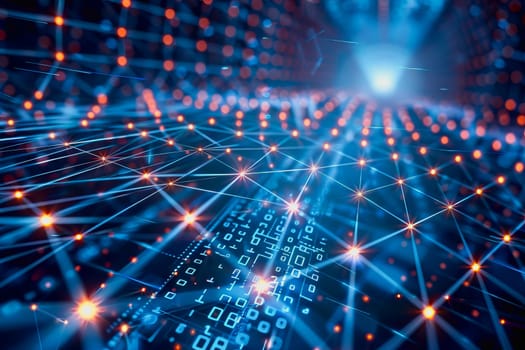 binary numeric data transmission chain of nodes connected in a network form, p2p connection.