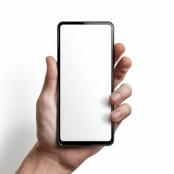 A hand holding a phone with a white screen by AI generated image.