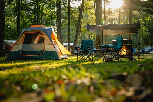 Camping outdoors with lots of sunlight. tent, chairs, a tent BBQ rack, and more.