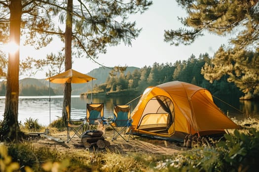 Camping outdoors with lots of sunlight. tent, chairs, a tent BBQ rack, and more.