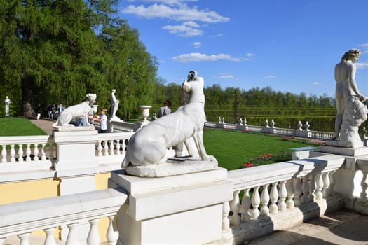 Krasnogorsk, Russia - 1 May. 2024. Balustrade with statues in the Arkhangelskoye Estate Museum.