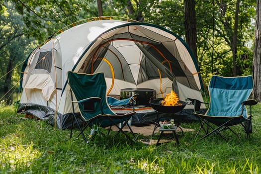 Camping outdoors with lots of sunlight. tent, chairs, a tent BBQ rack, and more.