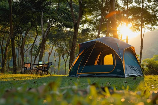 Camping outdoors with lots of sunlight. tent, chairs, a tent BBQ rack, and more.