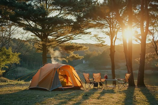 Camping outdoors with lots of sunlight. tent, chairs, a tent BBQ rack, and more.