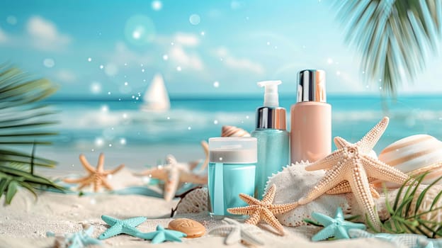 A beach scene featuring starfish and cosmetics against a backdrop of a seascape. Ideal for showcasing summer makeup products and sunscreens.