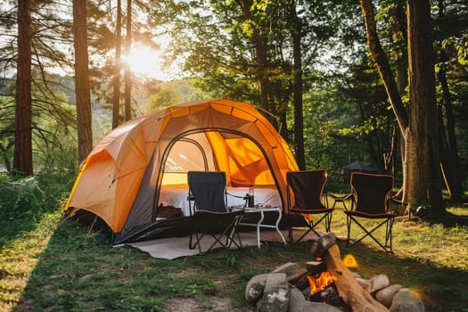 Camping outdoors with lots of sunlight. tent, chairs, a tent BBQ rack, and more.