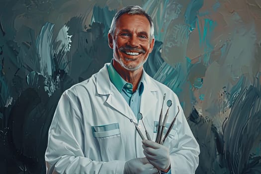 A painting of a man in a lab coat holding a pair of scissors.