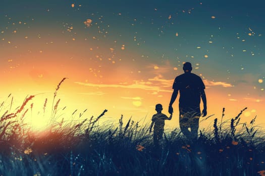 A man and a child are walking through a field at sunset. The sky is orange and the grass is tall