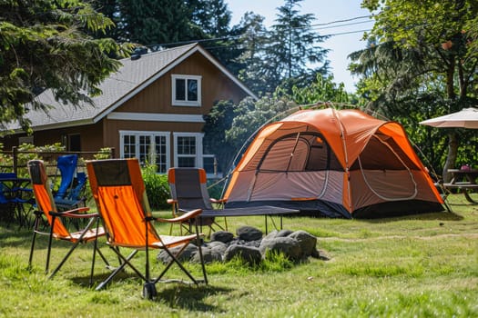 Camping outdoors with lots of sunlight. tent, chairs, a tent BBQ rack, and more.