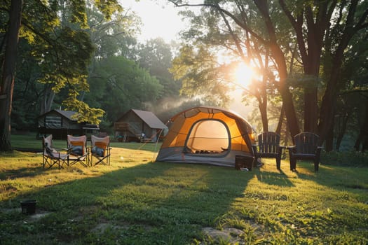 Camping outdoors with lots of sunlight. tent, chairs, a tent BBQ rack, and more.