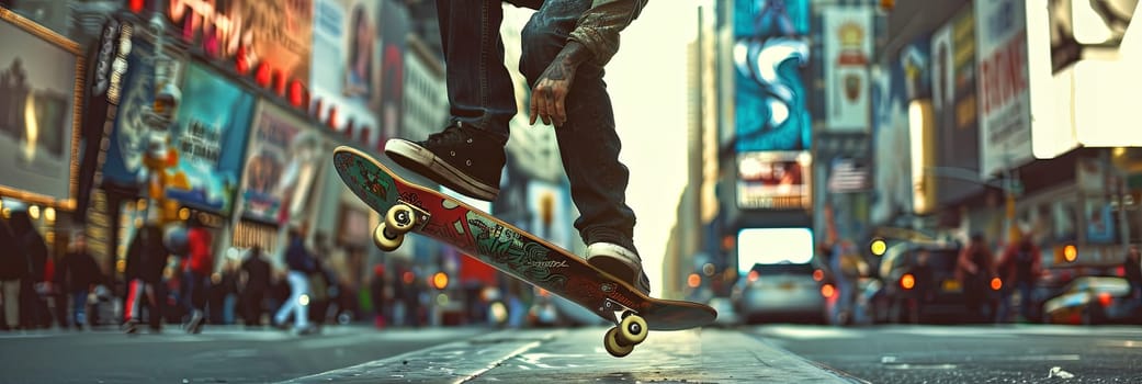 A skateboarder is executing a trick in the middle of a city street, showcasing their skills and agility.