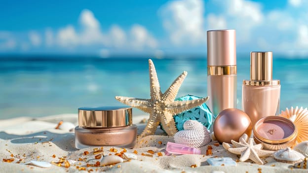 A beach scene showcasing a starfish and cosmetics against the backdrop of the sea, perfect for summer makeup and sunscreen brands.