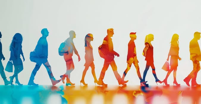 A group of people walking down a street with a rainbow background by AI generated image.