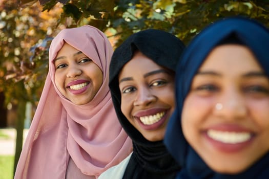 A symbolic portrayal of unity and sisterhood as a group of Middle Eastern Muslim women, wearing hijabs, come together for a collective photograph