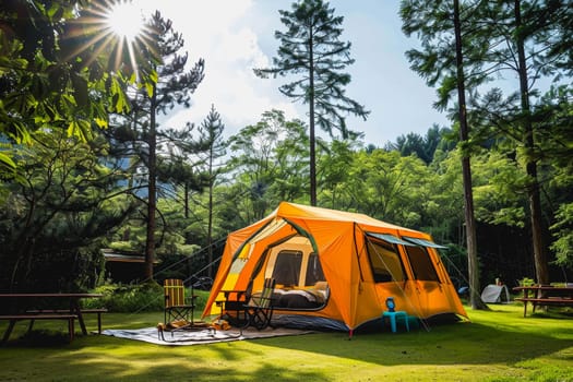 Camping outdoors with lots of sunlight. tent, chairs, a tent BBQ rack, and more.