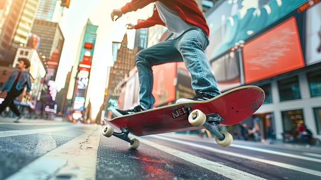 A person skillfully rides a skateboard on a city street, showcasing their balance and agility while navigating through urban surroundings.
