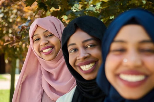 A symbolic portrayal of unity and sisterhood as a group of Middle Eastern Muslim women, wearing hijabs, come together for a collective photograph