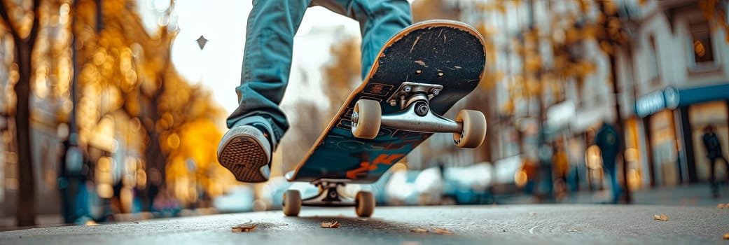 A person is skateboarding down a bustling city street, showcasing their skills and passion for the sport.