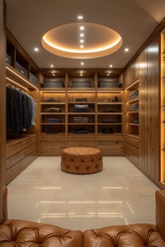 A large, well-lit walk-in closet with a tan ottoman and a tan chair.