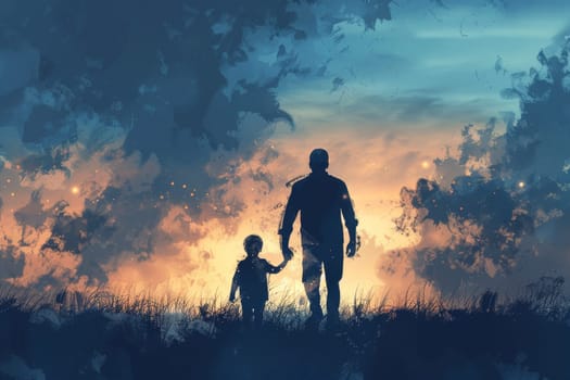 A man and a child are walking together in a field. The sky is orange and the grass is green