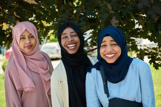 A symbolic portrayal of unity and sisterhood as a group of Middle Eastern Muslim women, wearing hijabs, come together for a collective photograph