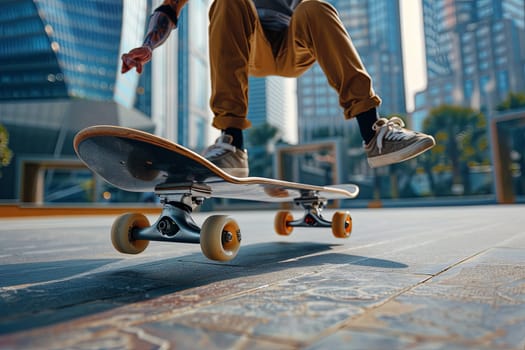 A person is riding a skateboard on a city street, showcasing their skills and performing tricks.