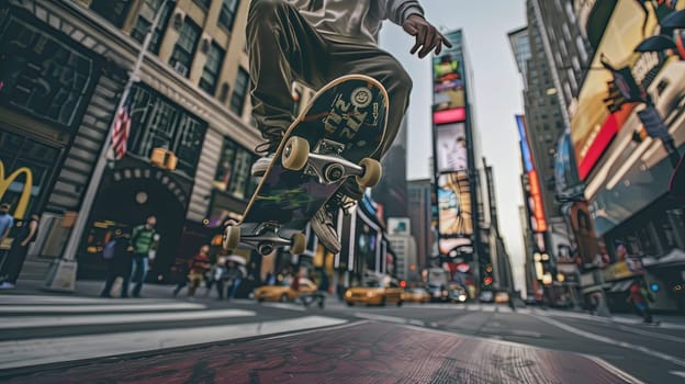 A skateboarder executes a trick in the middle of a city street, showcasing their skills and agility on the board.