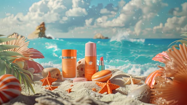 Several sunscreens arranged on top of a sandy beach with the sea in the background.