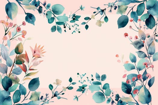 A watercolor painting of a flowery border with a pink background. The flowers are in various shades of green and pink, and the overall effect is calming and serene