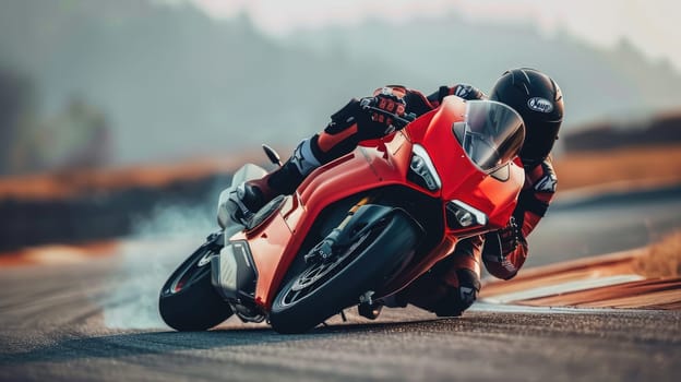 Motorcycle rider leaning into a curve, Man on a motorbike at high speed leaning in the curve, Racing sport.