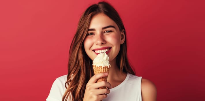 Summer portrait of happy cheerful smiling young woman eating ice cream cone on red studio background