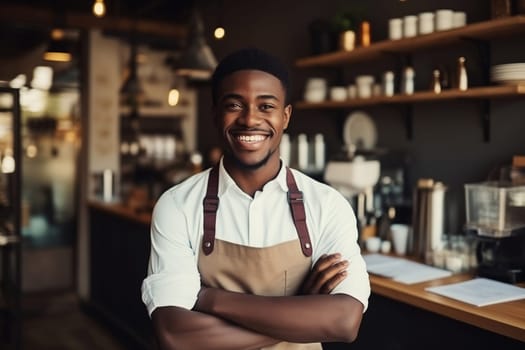 Portrait of happy smiling African man barista, coffee house or cafe worker, young waiter working in coffee shop, looking at camera