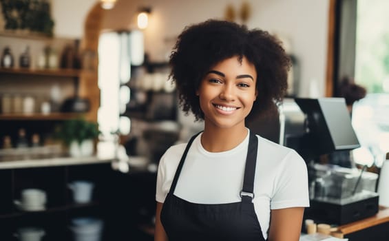 Portrait of happy smiling African woman barista, coffee house or cafe worker, young waiter working in coffee shop, looking at camera
