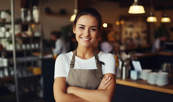 Portrait of happy smiling woman barista, coffee house or cafe worker, young waiter working in coffee shop, looking at camera