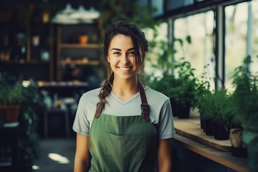 Portrait of happy smiling woman barista, coffee house or cafe worker, young waiter working in coffee shop, looking at camera