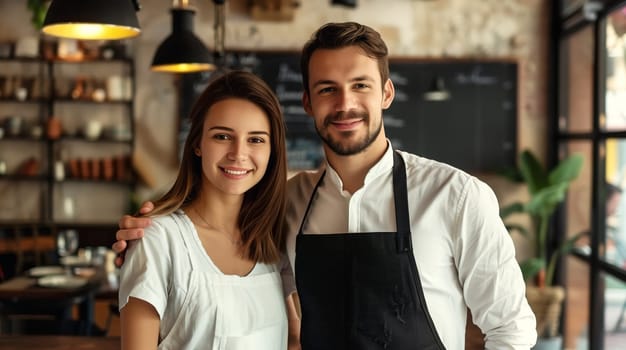 Portrait of happy smiling woman and man barista, coffee house or cafe workers, young waiters working in coffee shop, looking at camera