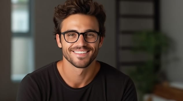 Portrait of handsome happy smiling bearded young man in glasses looking at camera standing in home interior