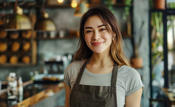 Portrait of happy smiling woman barista, coffee house or cafe worker, young waiter working in coffee shop, looking at camera