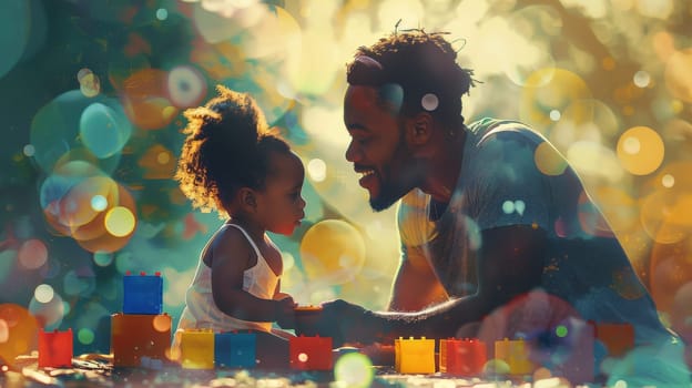 A man and a little girl are playing with blocks. The man is smiling and the girl is looking up at him. Scene is happy and playful