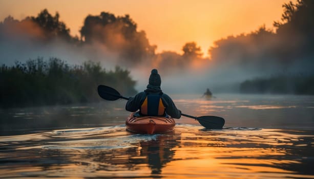 A man paddles a kayak on a river by AI generated image.