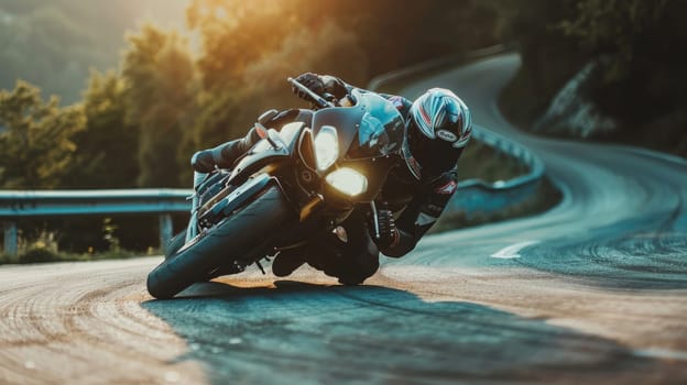 Motorcycle rider leaning into a curve, Man on a motorbike at high speed leaning in the curve, Racing sport.