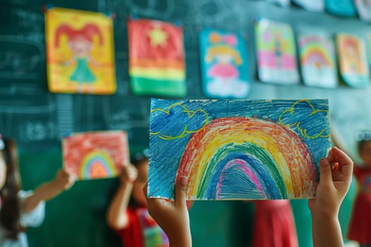 A child holds a drawing of a rainbow. The drawing is colorful and cheerful, and it seems to be a work of art. The child is surrounded by other children, and they are all holding their own drawings