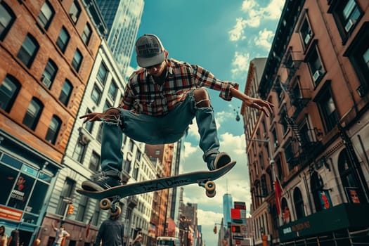 A man is soaring through the air while riding a skateboard, performing an impressive trick.