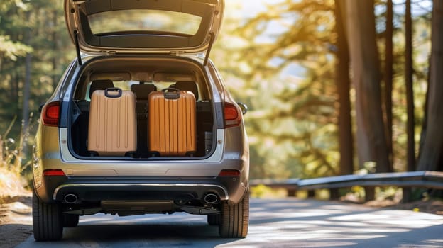 A suv silver car with two suitcases in the back.