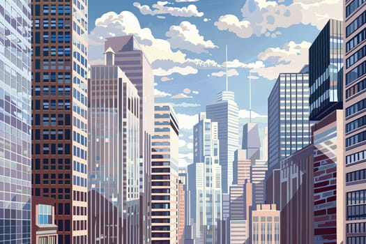 A painting depicting a cityscape dominated by towering skyscrapers in an urban financial center.