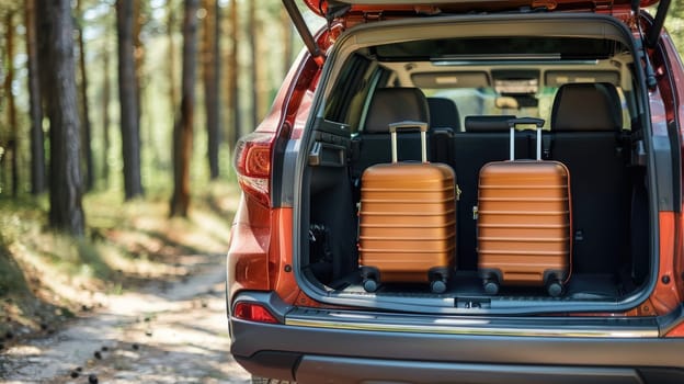 Family road trip, A suv car opens its trunk with luggage, Ready for road trip.